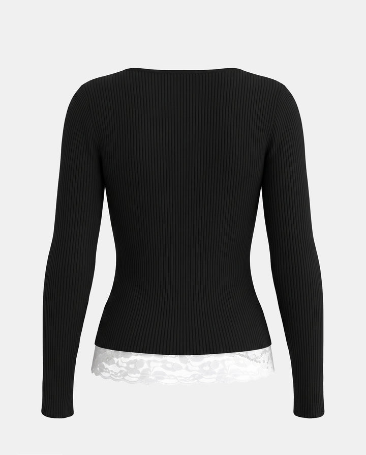SOLACEBasic Round Neck Lace Panel Long Sleeve Top