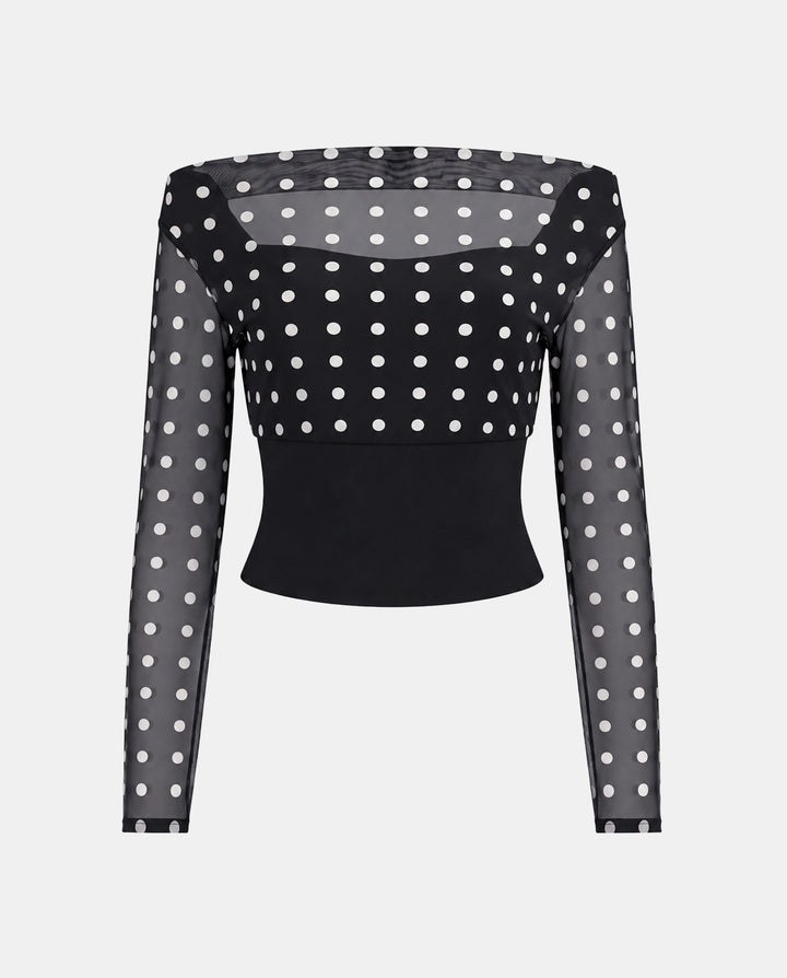 SOLACEPolka Dot Off Shoulder Flare Sleeve Lace Up Back Crop Top