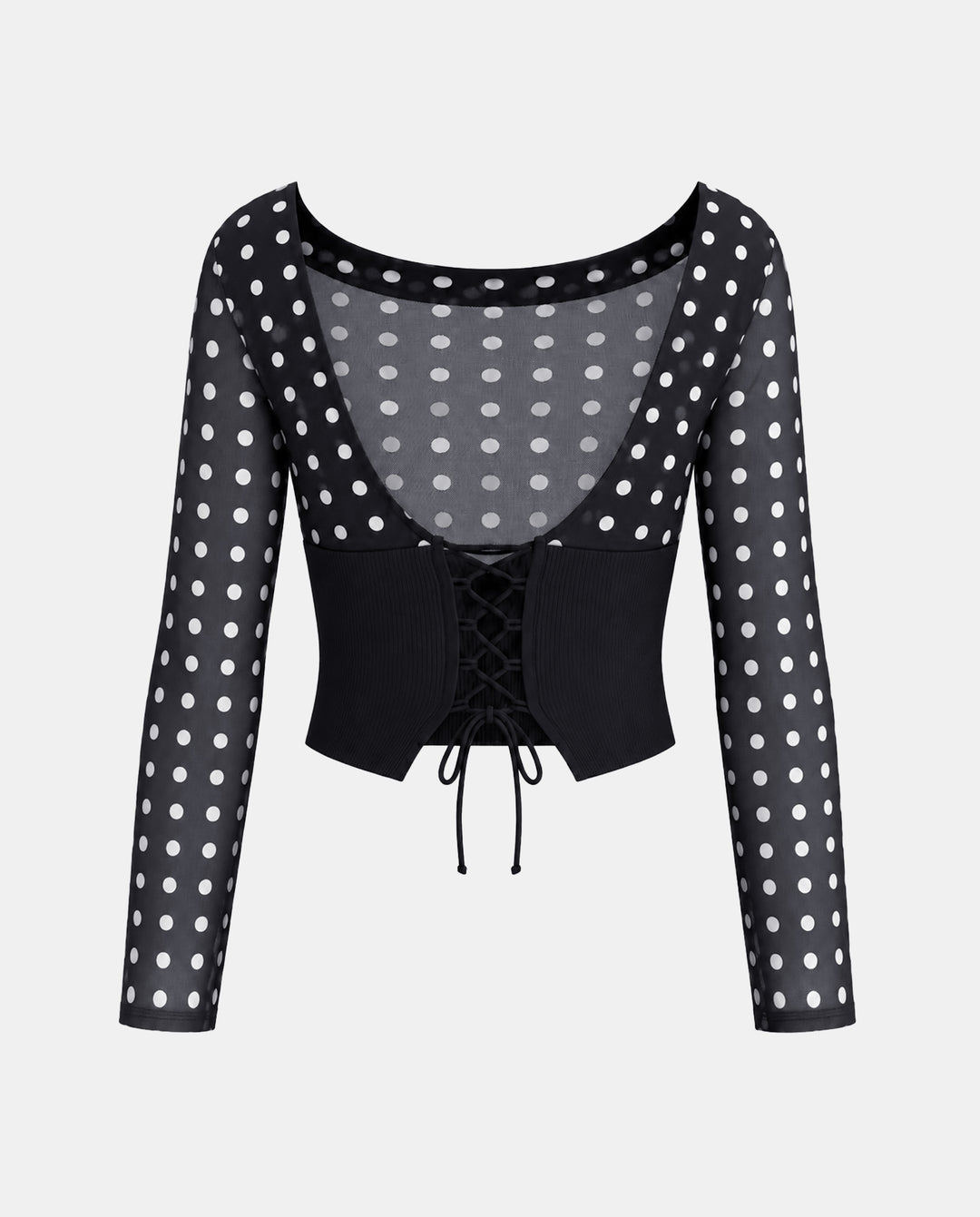 SOLACEPolka Dot Off Shoulder Flare Sleeve Lace Up Back Crop Top
