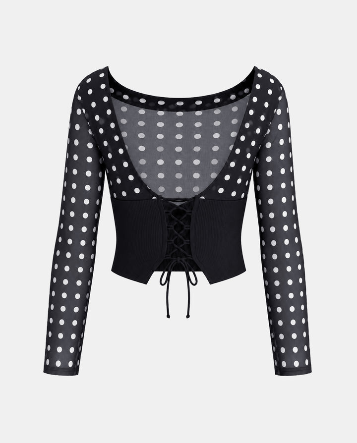 SOLACEPolka Dot Off Shoulder Flare Sleeve Lace Up Back Crop Top