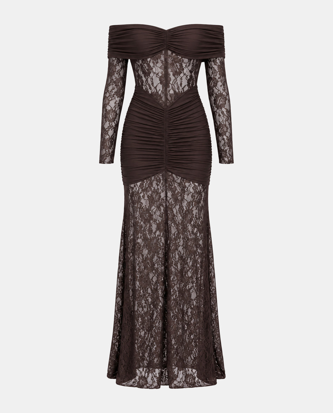 Off Shoulder Ruched Lace Spliced Mermaid Maxi Dress