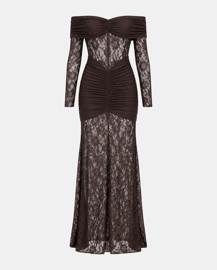 Off Shoulder Ruched Lace Spliced Mermaid Maxi Dress