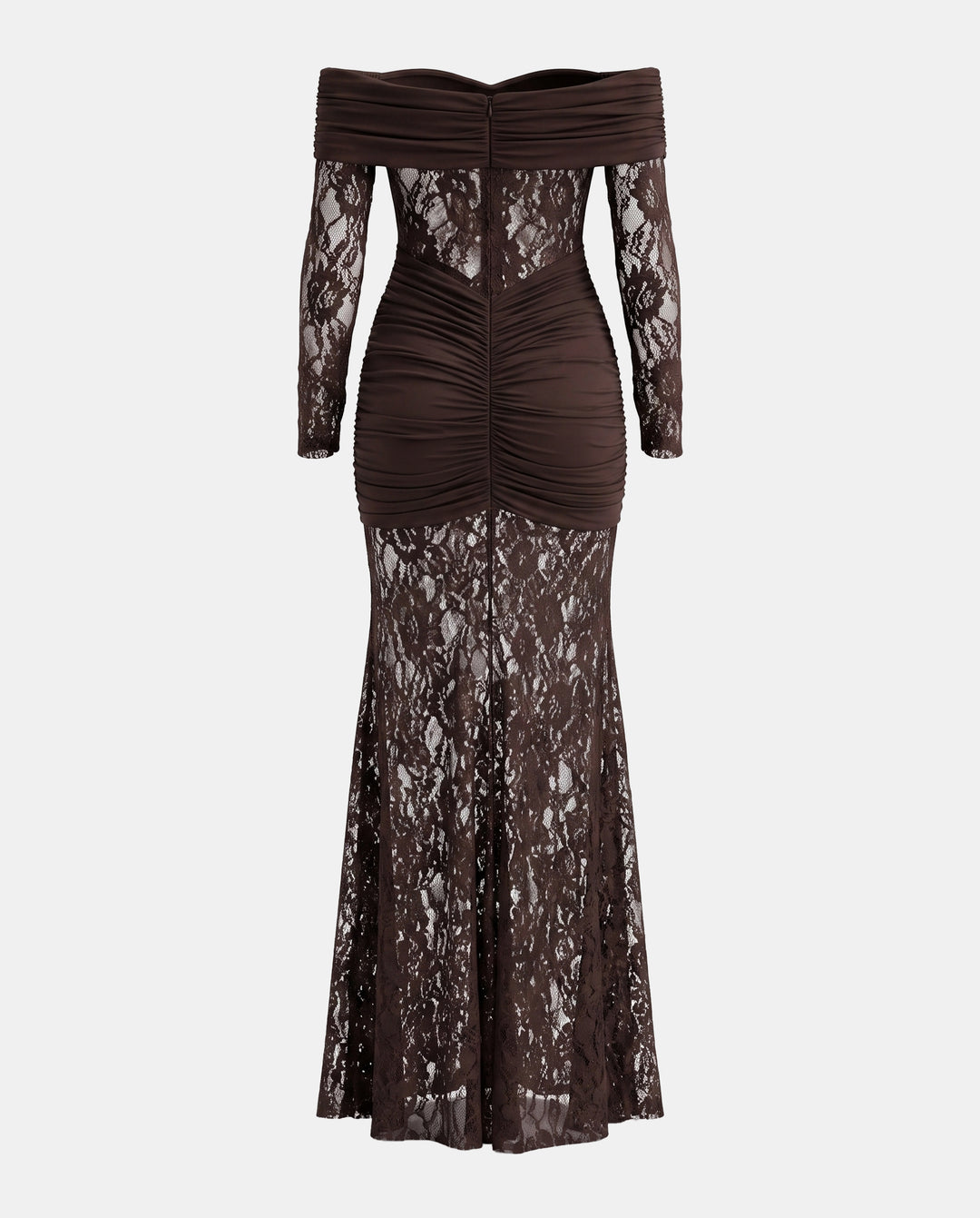 Off Shoulder Ruched Lace Spliced Mermaid Maxi Dress