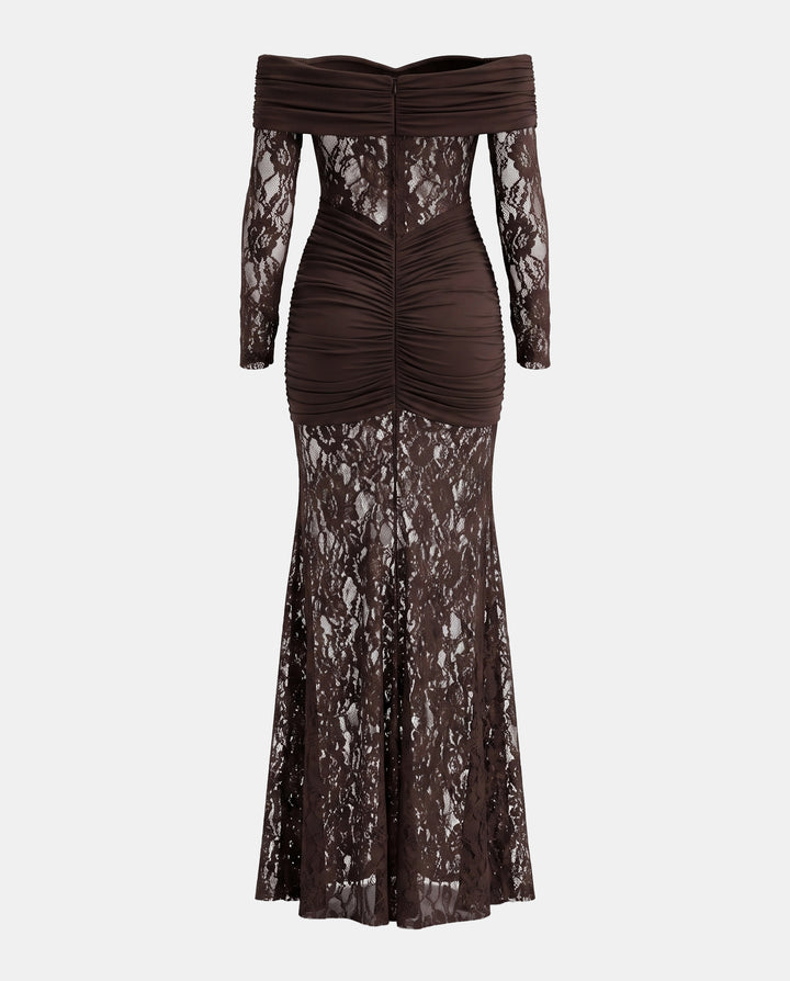 Off Shoulder Ruched Lace Spliced Mermaid Maxi Dress