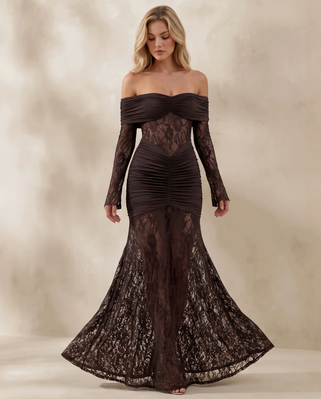 Off Shoulder Ruched Lace Spliced Mermaid Maxi Dress