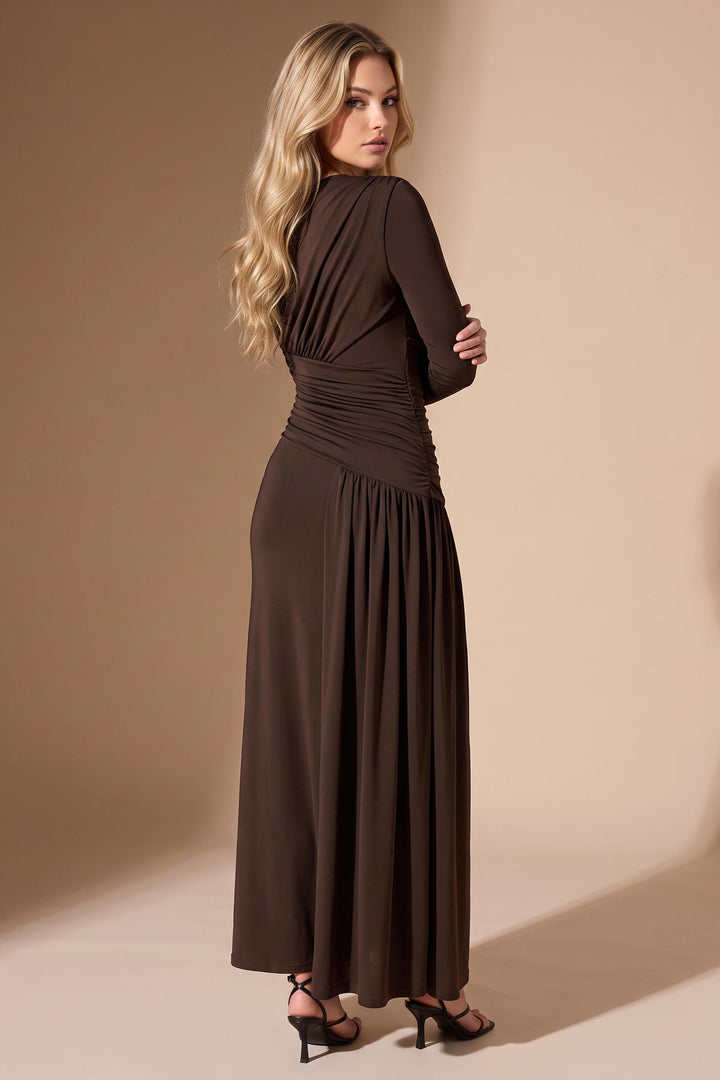 Ruched Long-Sleeve Maxi Dress