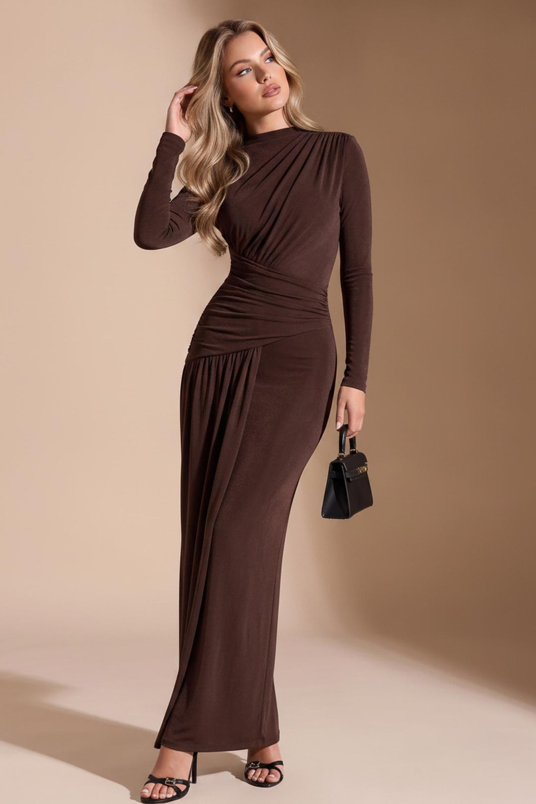 Ruched Long-Sleeve Maxi Dress