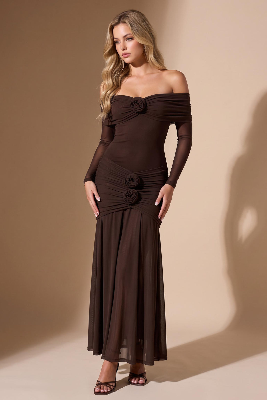 3D Floral Mesh Off Shoulder Maxi Dress