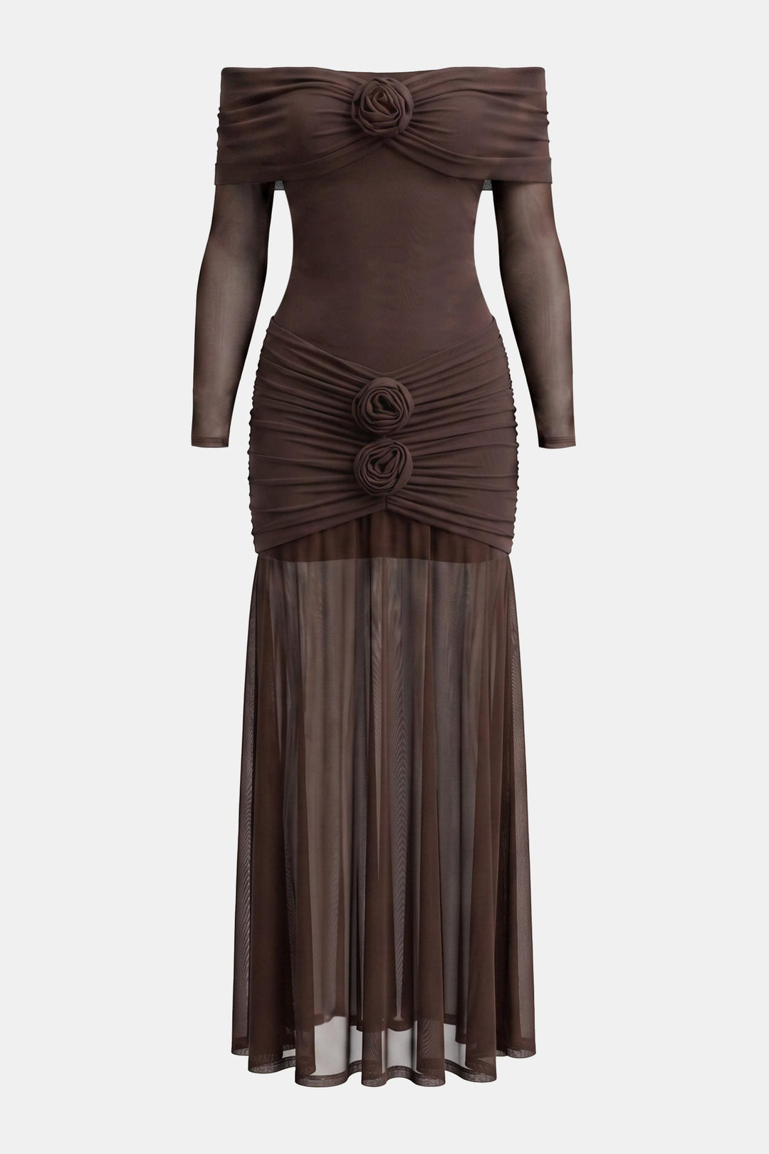 3D Floral Mesh Off Shoulder Maxi Dress