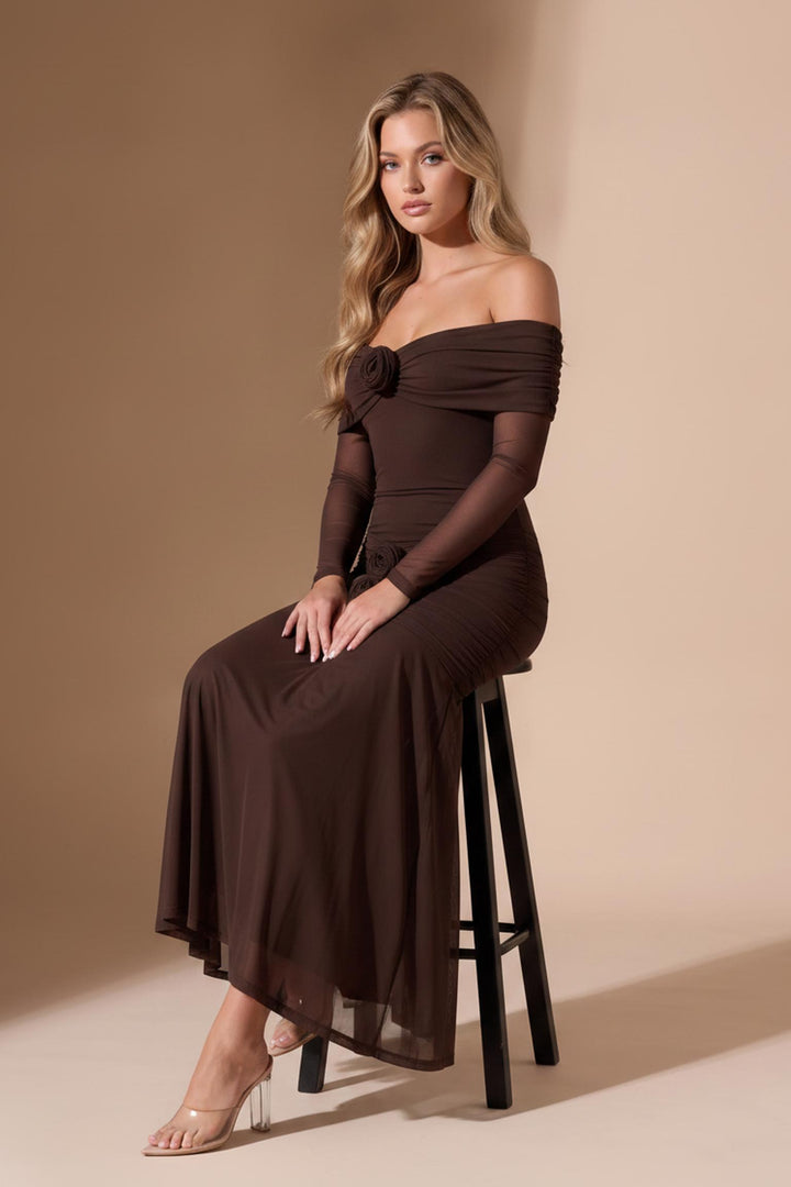 3D Floral Mesh Off Shoulder Maxi Dress