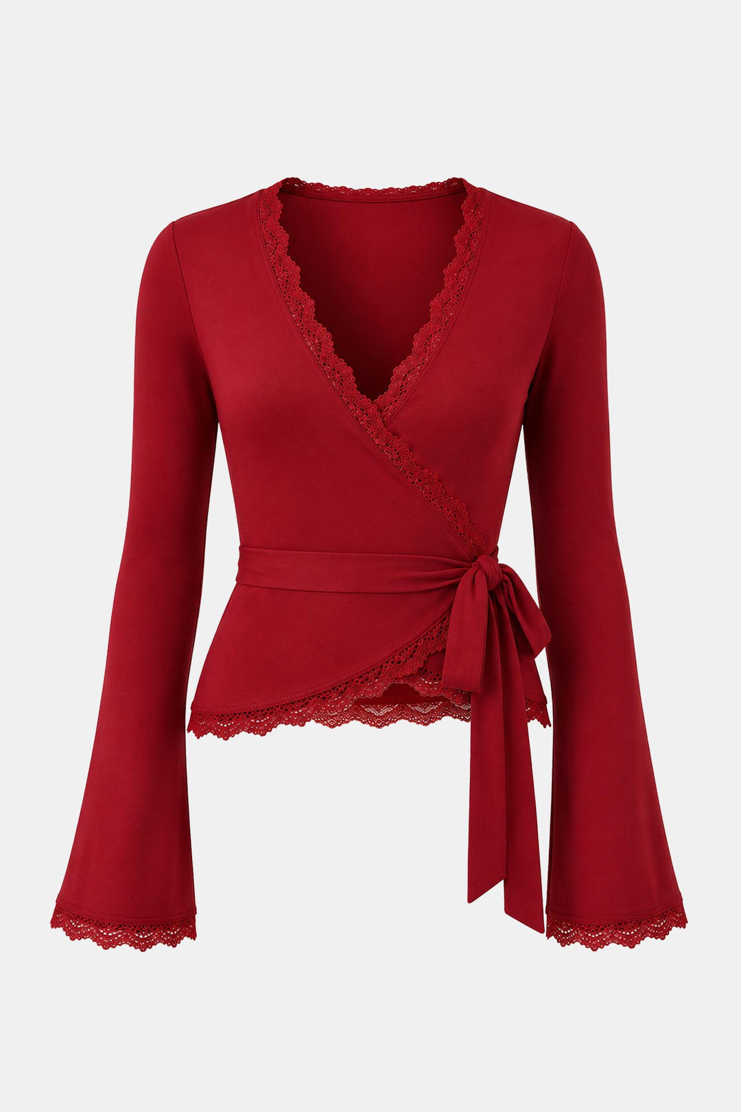 Lace Wrap V-Neck Flare Sleeve Crop Top