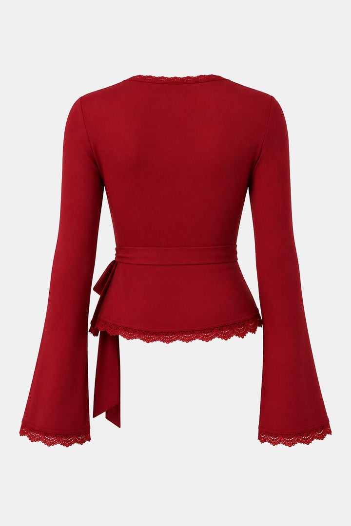 Lace Wrap V-Neck Flare Sleeve Crop Top