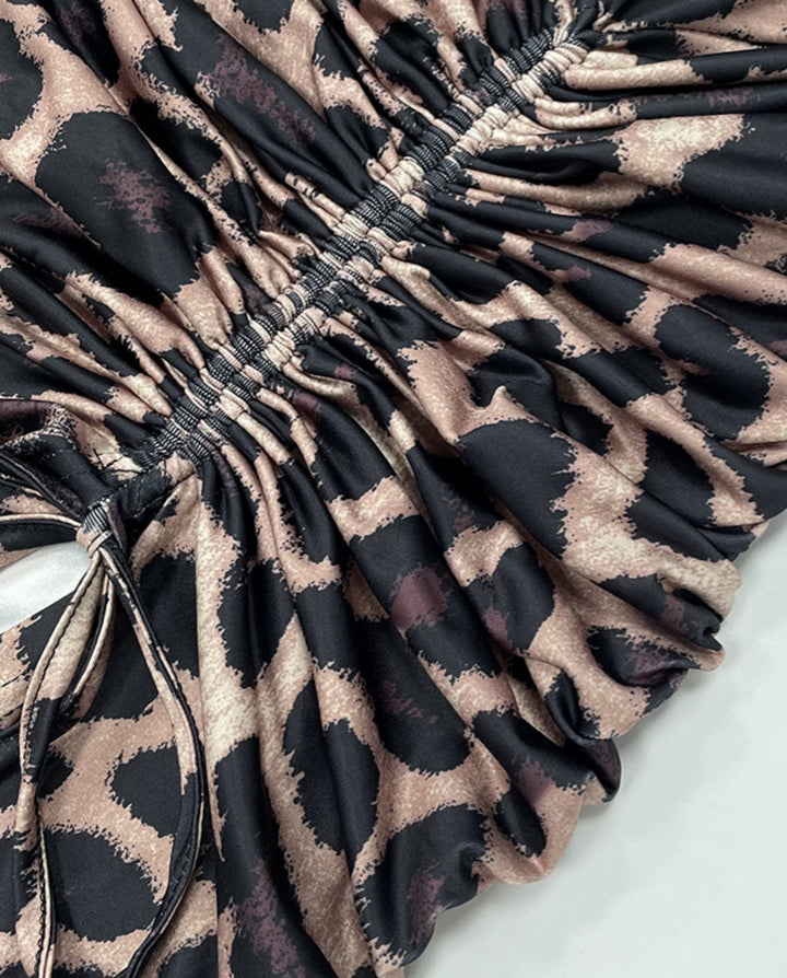 Leopard Print Ruched Waist Split Hem Maxi Dress