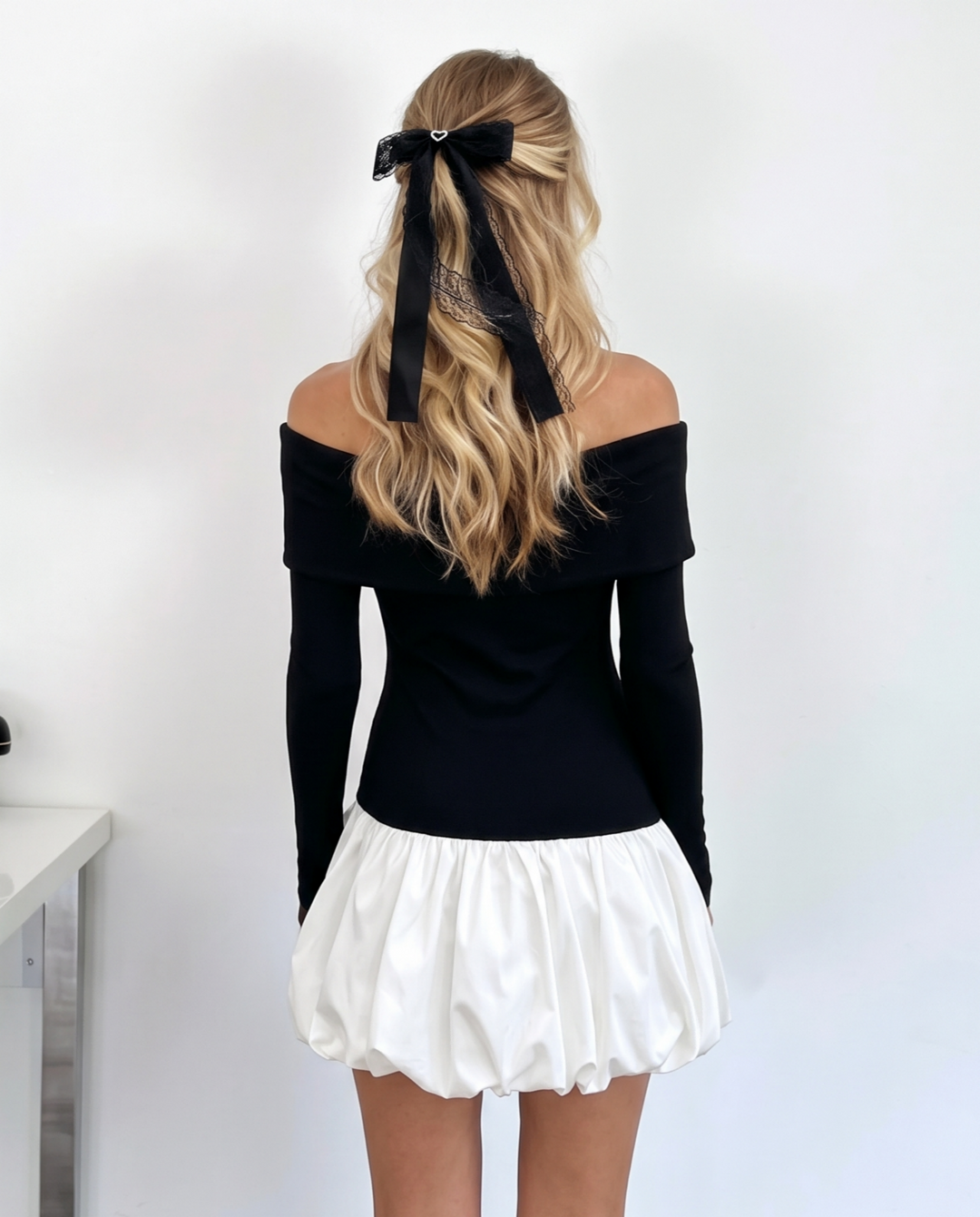 Off Shoulder Long Sleeve Bubble Mini Dress