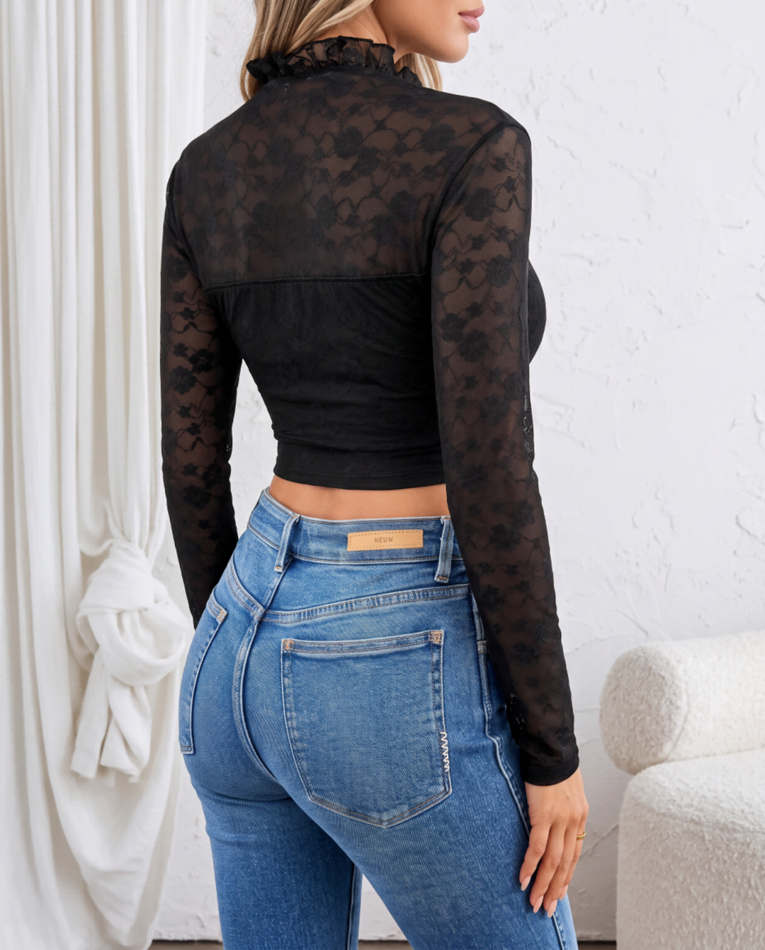 Ruffle Sheer Lace Long Sleeve Corset Cropped Top