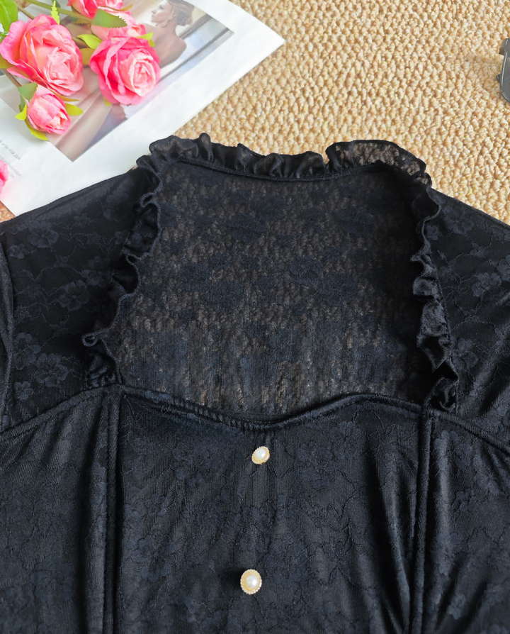 Ruffle Sheer Lace Long Sleeve Corset Cropped Top