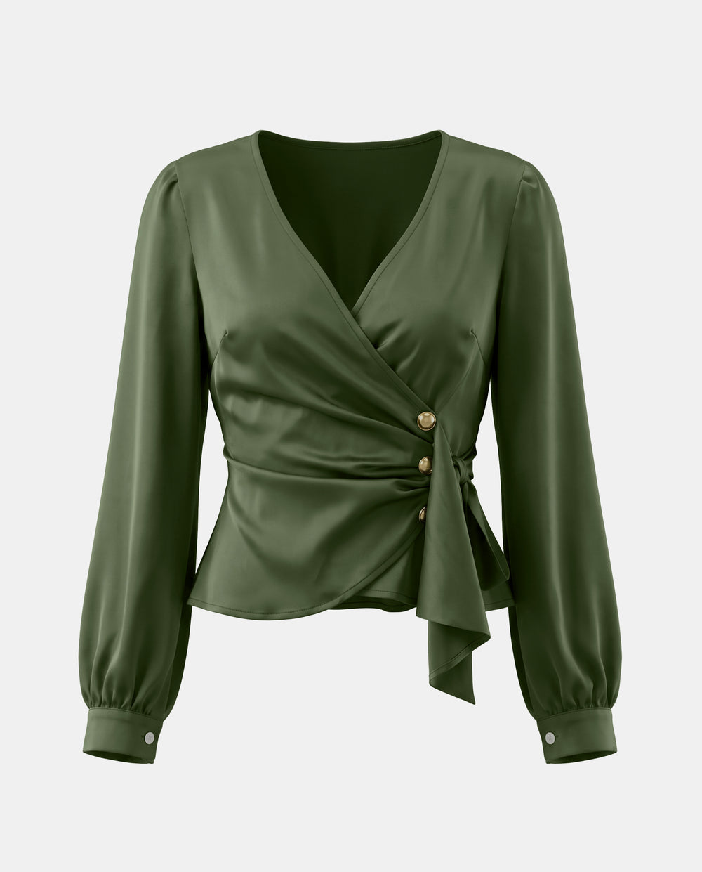 SOLACEV Neck Puff Long Sleeve Ruched Peplum Blouse