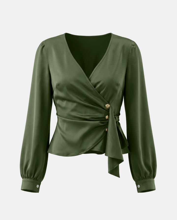 SOLACEV Neck Puff Long Sleeve Ruched Peplum Blouse