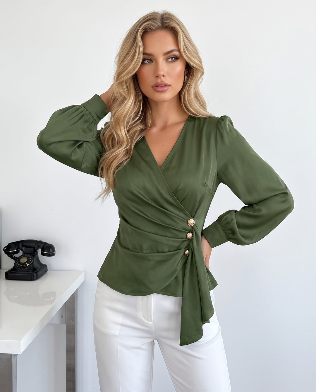 V Neck Puff Long Sleeve Ruched Peplum Blouse