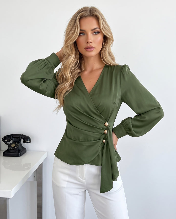 V Neck Puff Long Sleeve Ruched Peplum Blouse