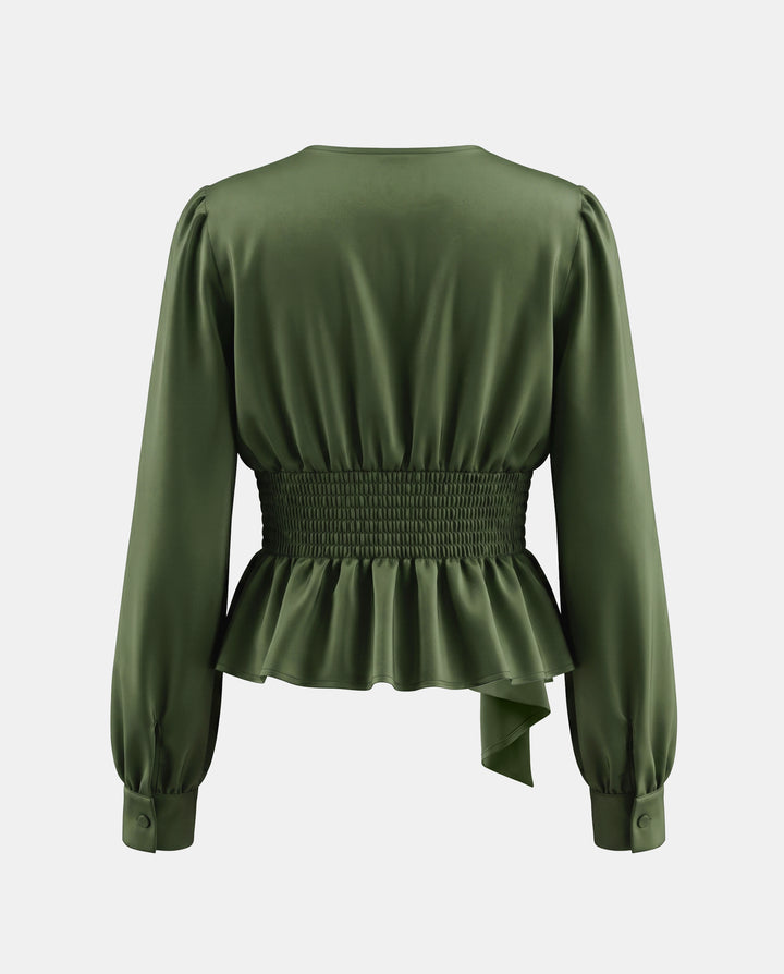 SOLACEV Neck Puff Long Sleeve Ruched Peplum Blouse