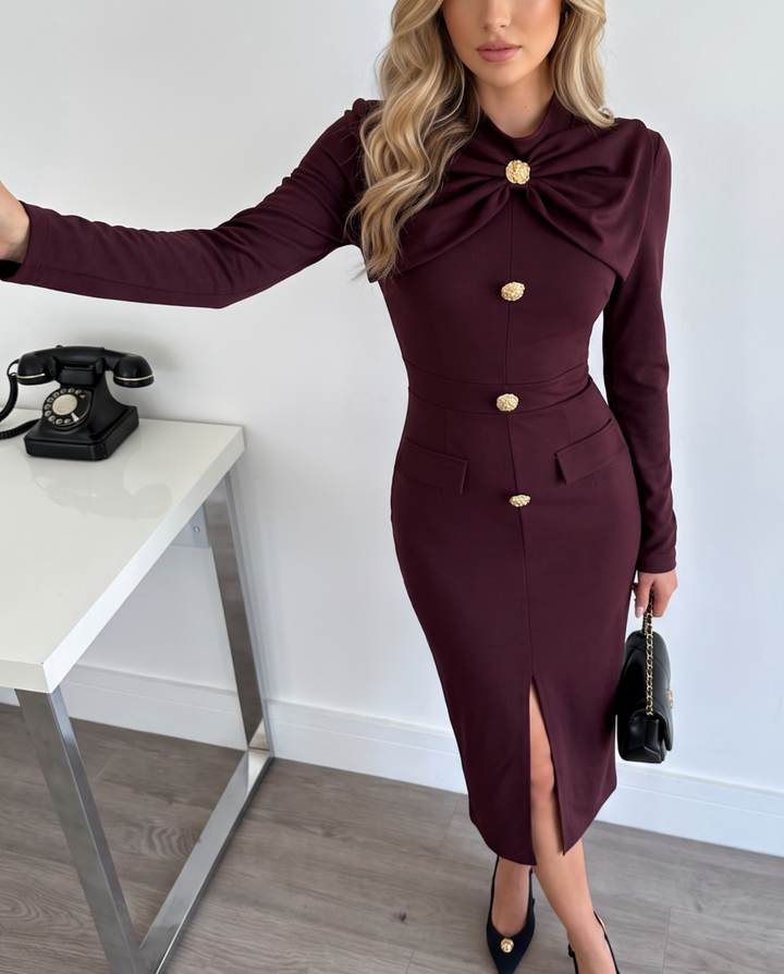 Elegant Bow Metal Buckle Long Sleeve Split Midi Dress