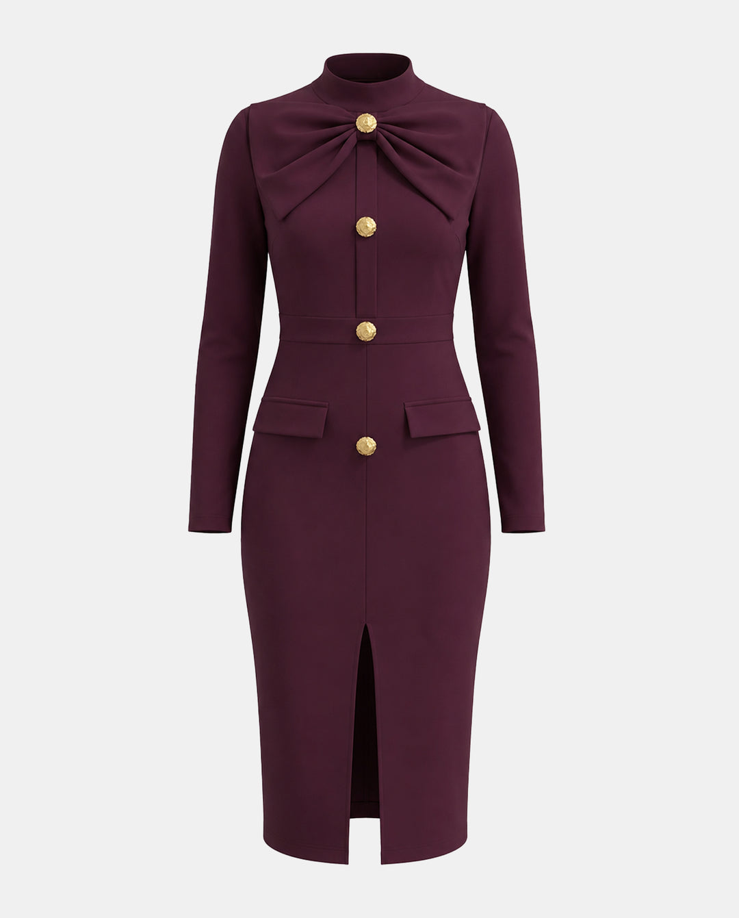 SOLACEElegant Bow Metal Buckle Long Sleeve Split Midi Dress