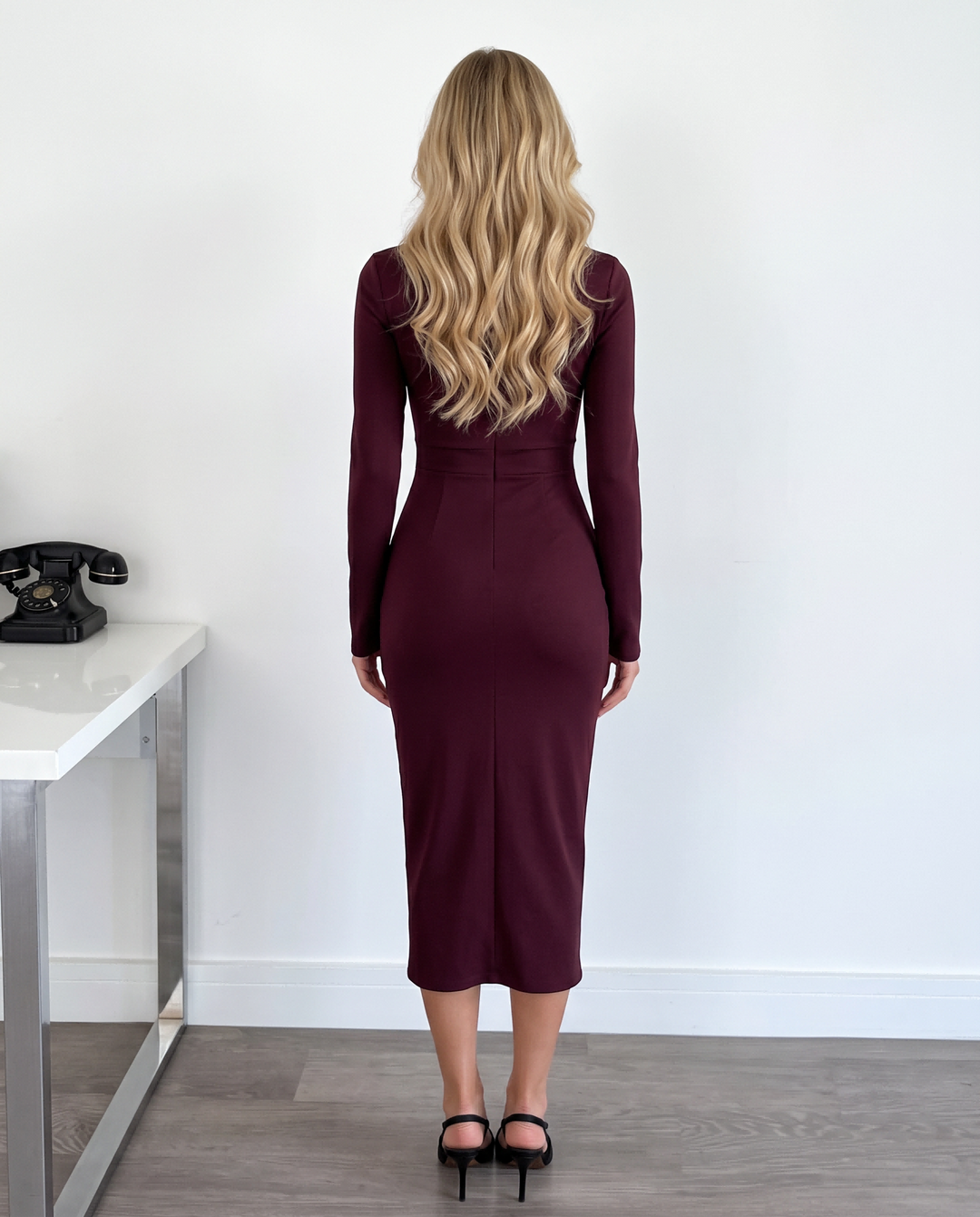 Elegant Bow Metal Buckle Long Sleeve Split Midi Dress