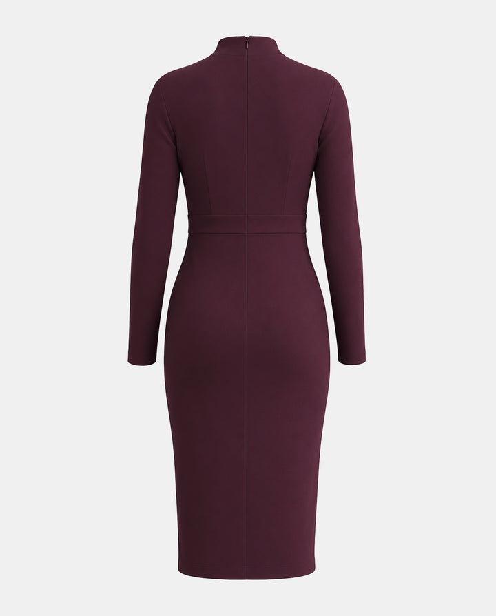 SOLACEElegant Bow Metal Buckle Long Sleeve Split Midi Dress