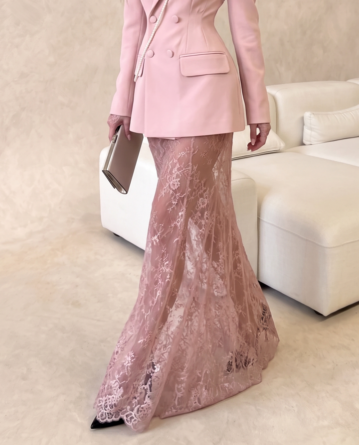 Sheer Floral Lace Straight Maxi Skirt