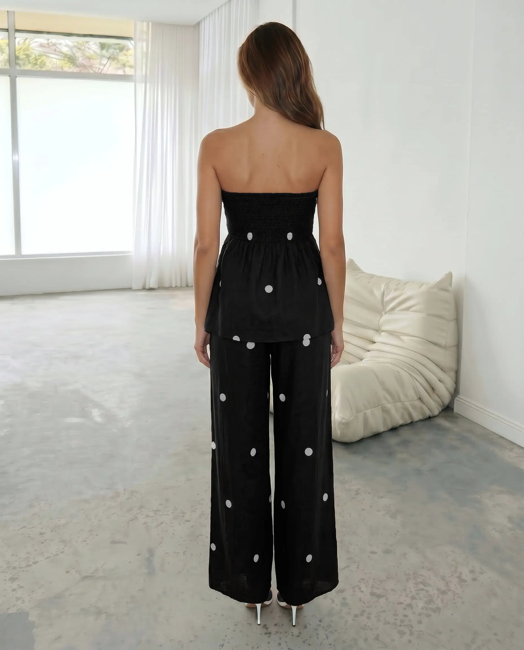 SOLACE  Brown Polka Dot Tube Top Wide Leg Pants Set 