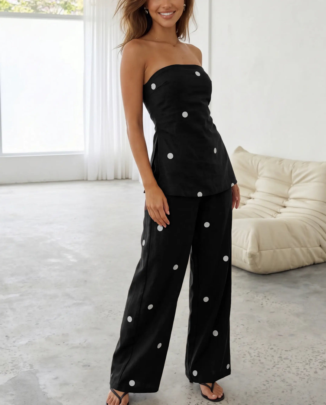 SOLACE  Brown Polka Dot Tube Top Wide Leg Pants Set 