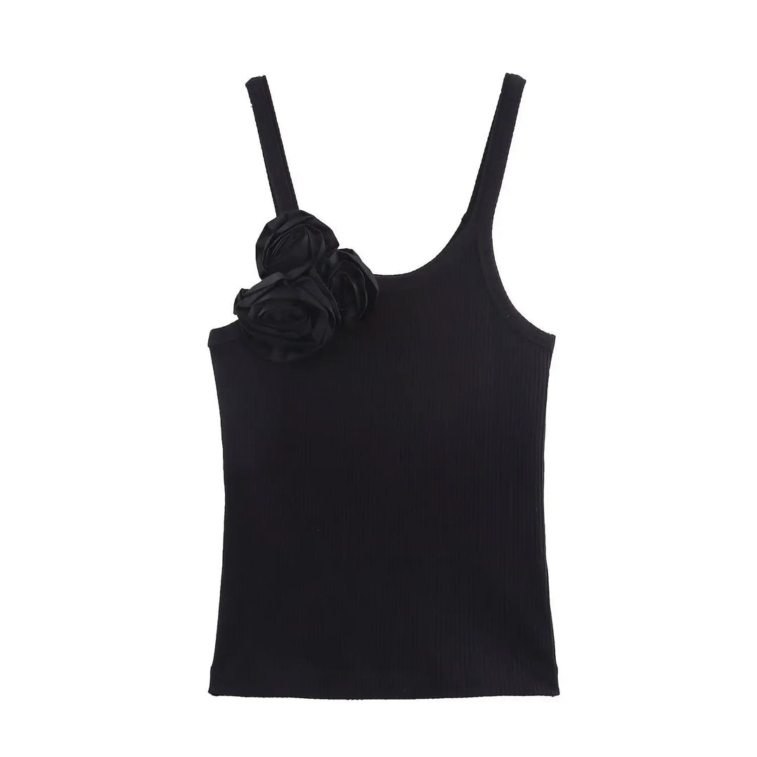 SOLACE  White 3D Flower Applique Ribbed Knit Regular Length Tank Top 