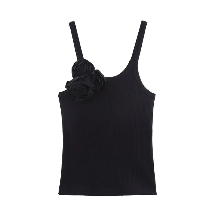 SOLACE  White 3D Flower Applique Ribbed Knit Regular Length Tank Top 