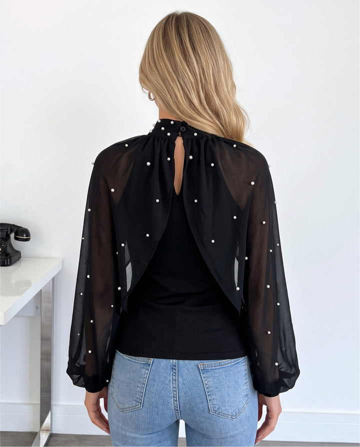Elegant Faux Pearl Decor Stand Collar Mesh Blouse