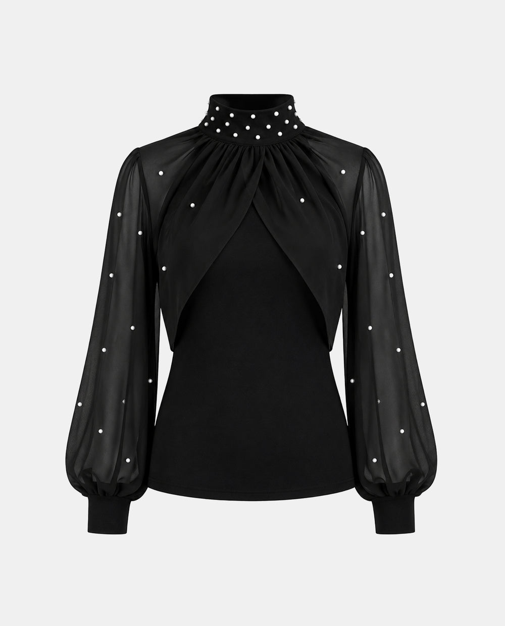 SOLACEElegant Faux Pearl Decor Stand Collar Mesh Blouse