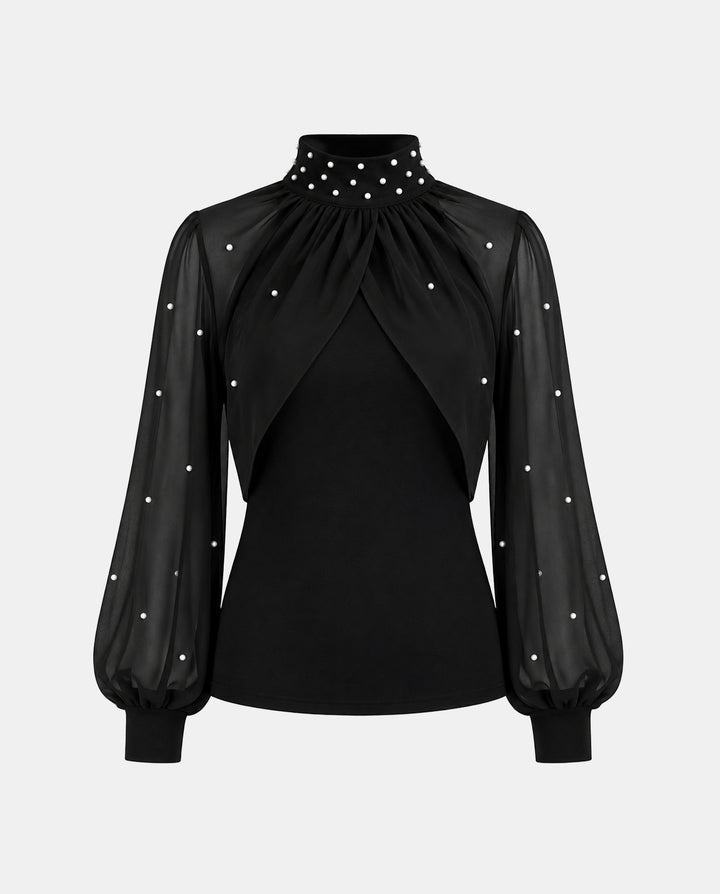 SOLACEElegant Faux Pearl Decor Stand Collar Mesh Blouse