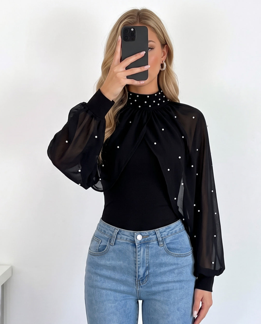 Elegant Faux Pearl Decor Stand Collar Mesh Blouse