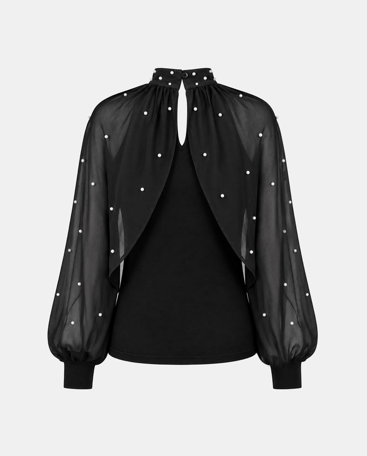 SOLACEElegant Faux Pearl Decor Stand Collar Mesh Blouse