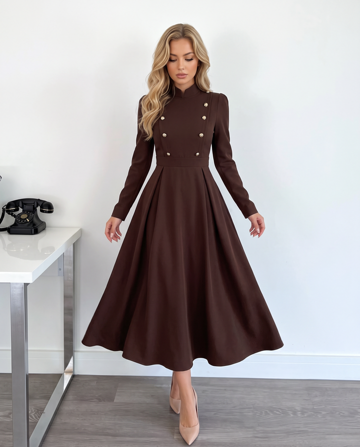 Double-Breasted Stand Collar A-Line Maxi Dress
