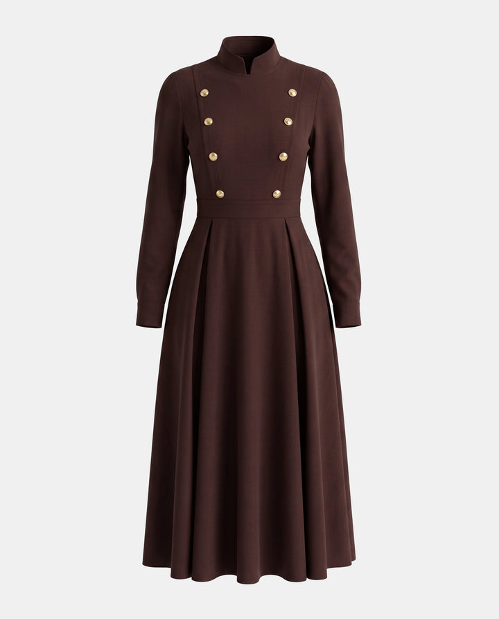 Double-Breasted Stand Collar A-Line Maxi Dress