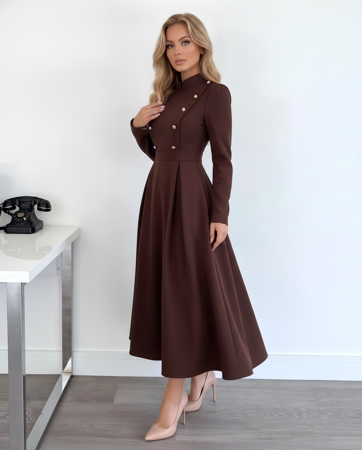 Double-Breasted Stand Collar A-Line Maxi Dress