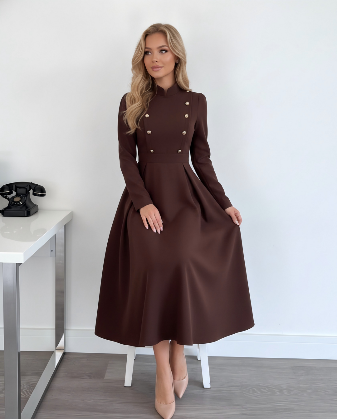 Double-Breasted Stand Collar A-Line Maxi Dress