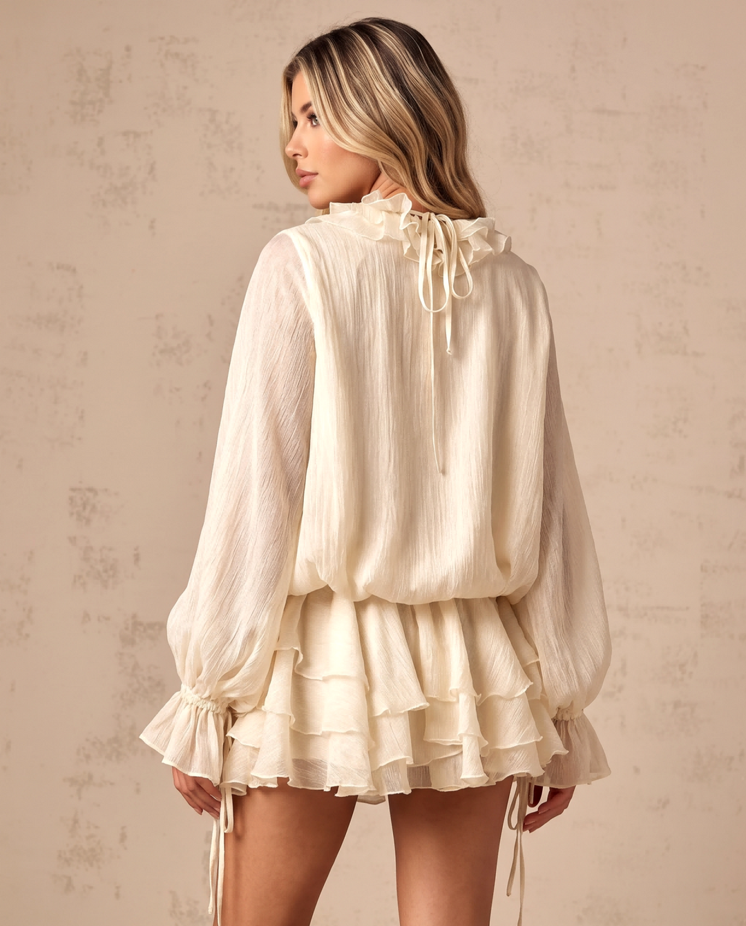 3D Floral Ruffle Layered Long Sleeve Mini Dress