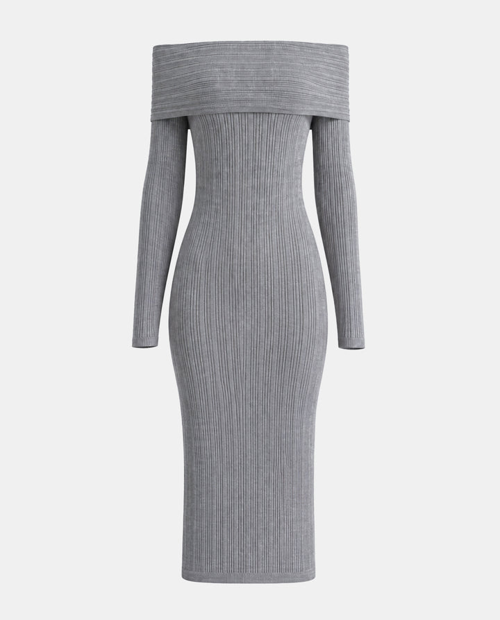 Off-Shoulder Textured Rib-Knit Bodycon Midi Dress