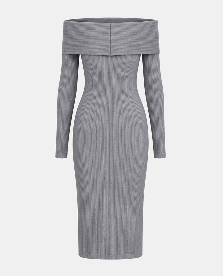 Off-Shoulder Textured Rib-Knit Bodycon Midi Dress