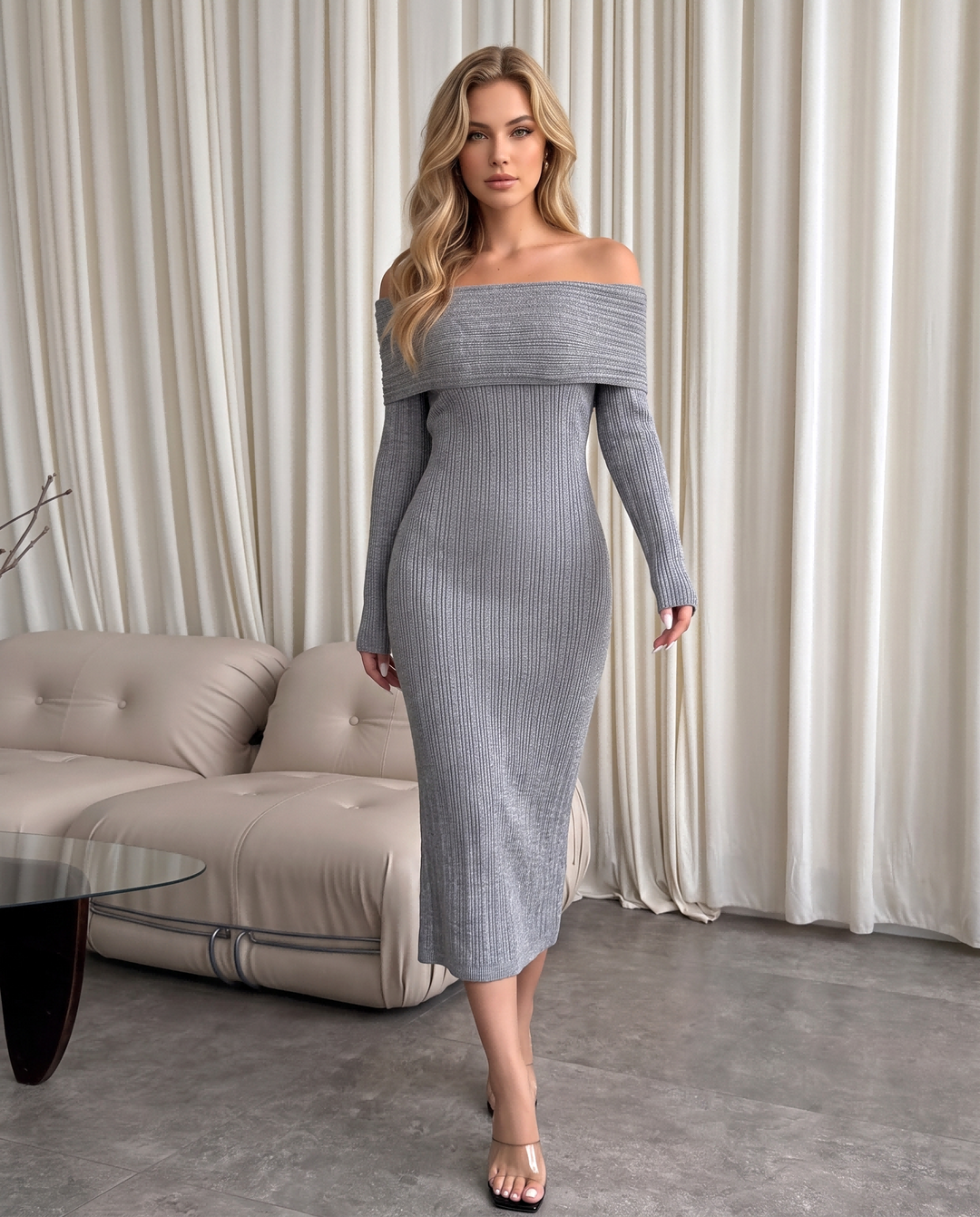 Off-Shoulder Textured Rib-Knit Bodycon Midi Dress