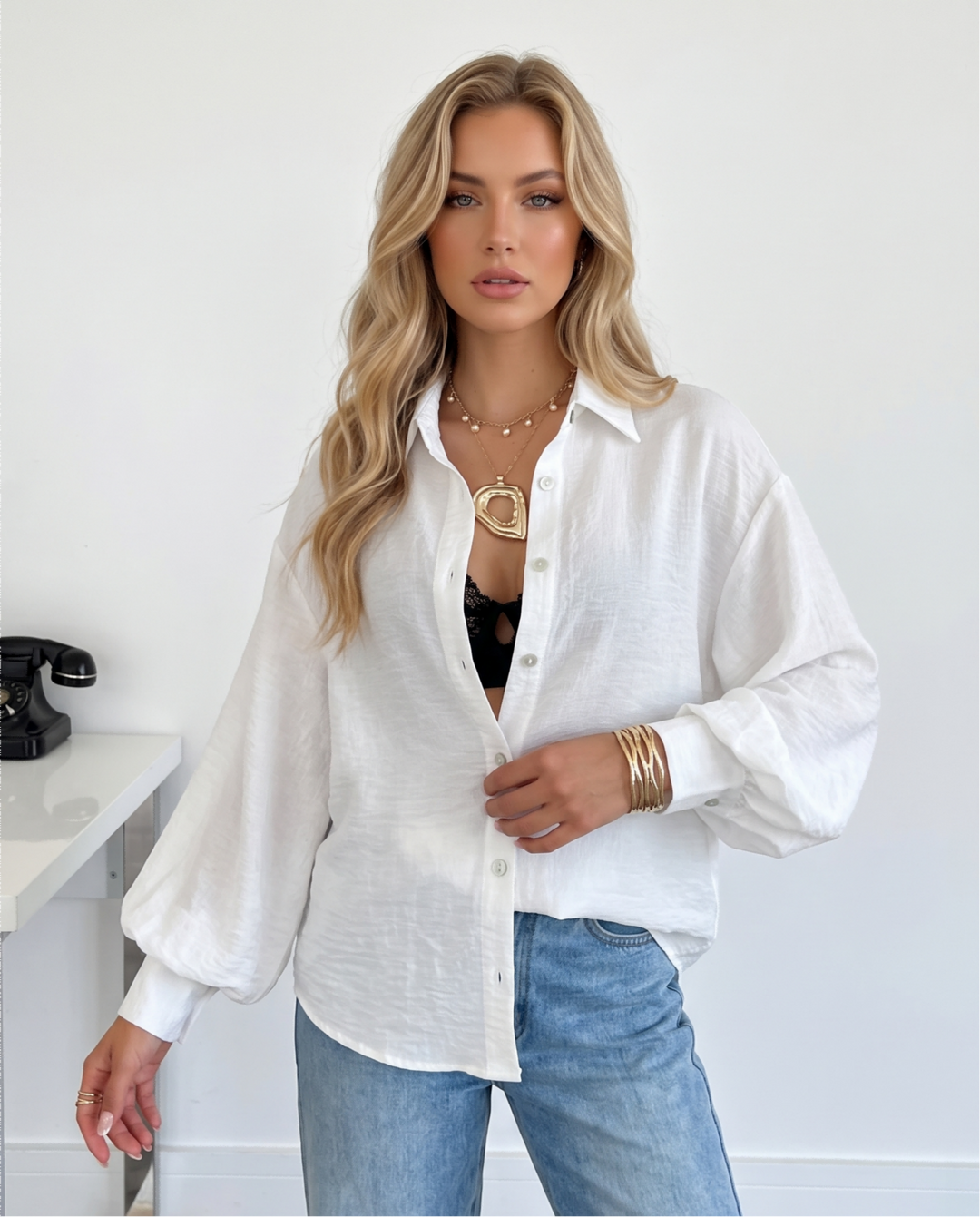 Button Down Puff Long Sleeve Textured Blouse