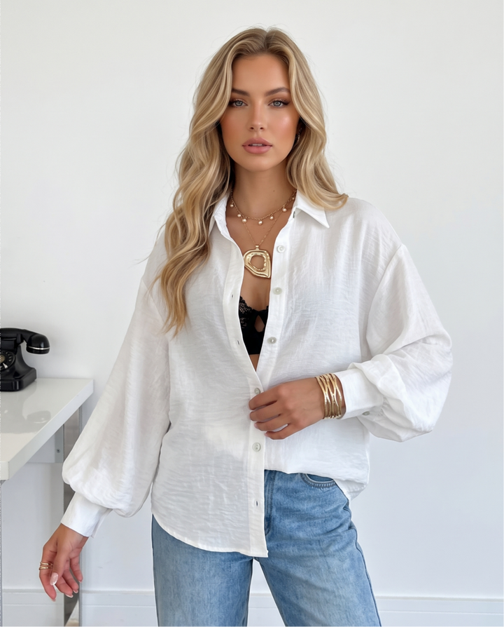 Button Down Puff Long Sleeve Textured Blouse