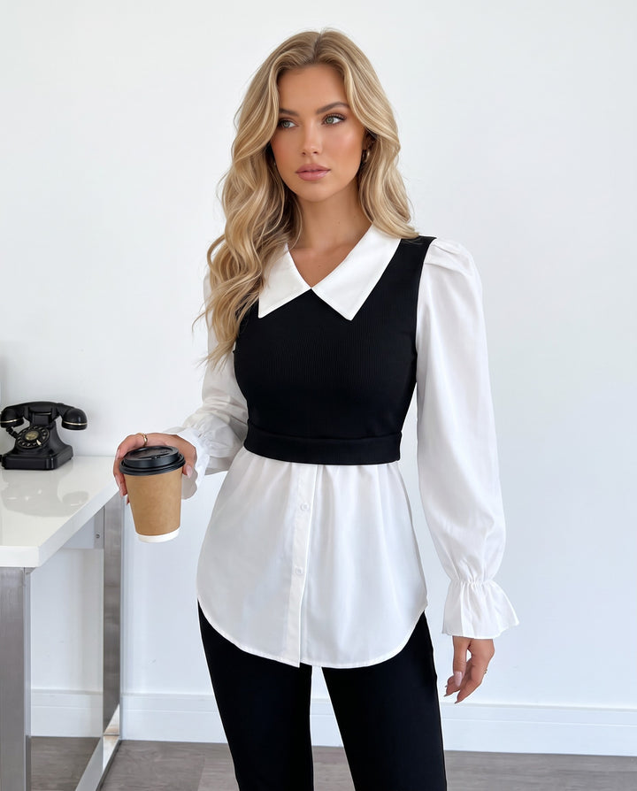 Color-block Puff Long Sleeve Peplum 2-in-1 Blouses